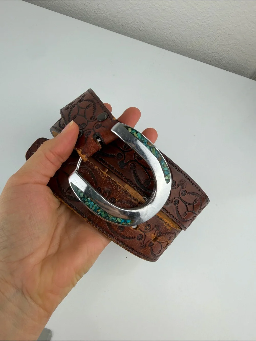 Turquoise and Silver Leather Belt Brown 36